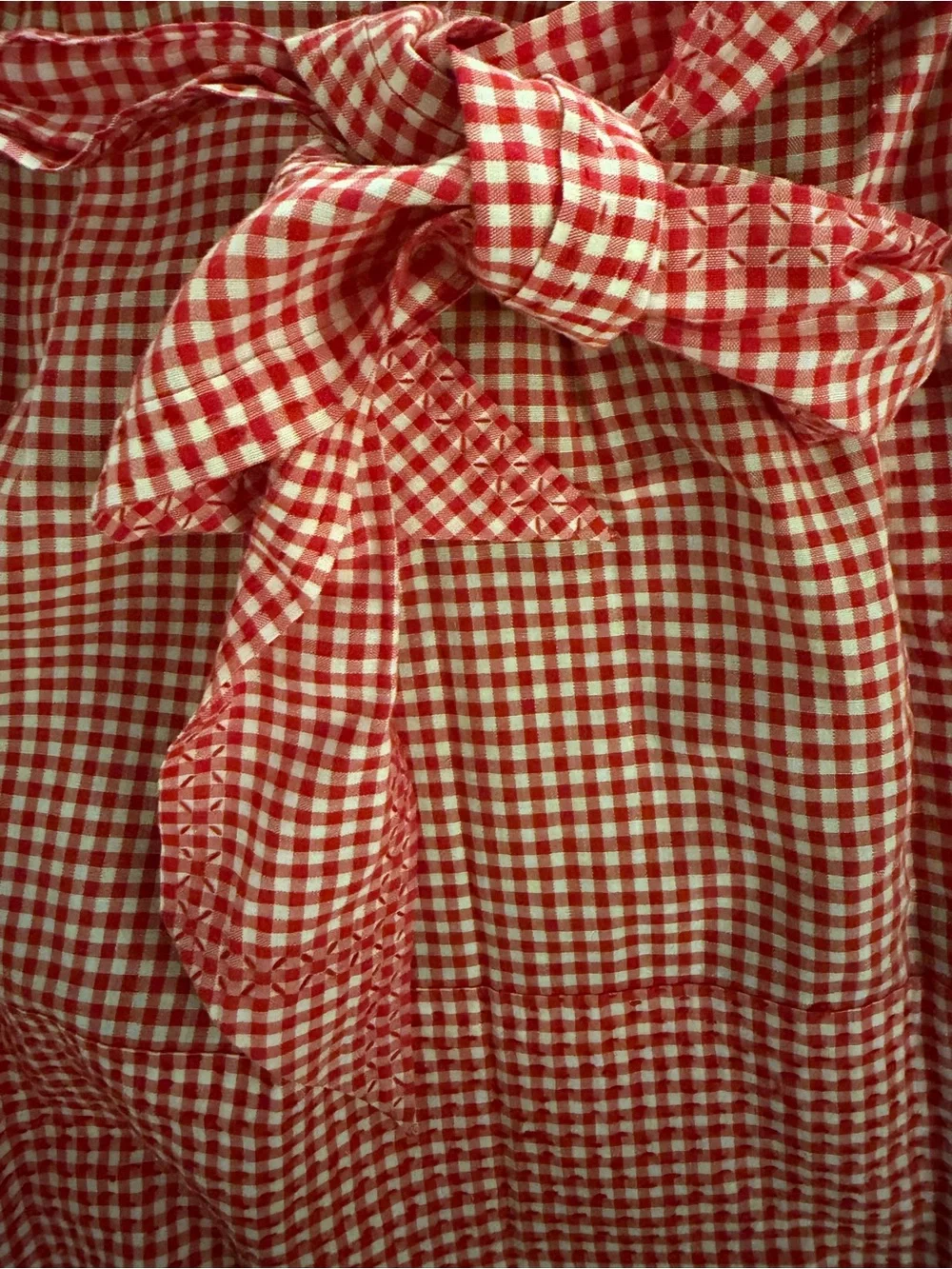 Hand smocked embroidery detail red & white Gingham Apron